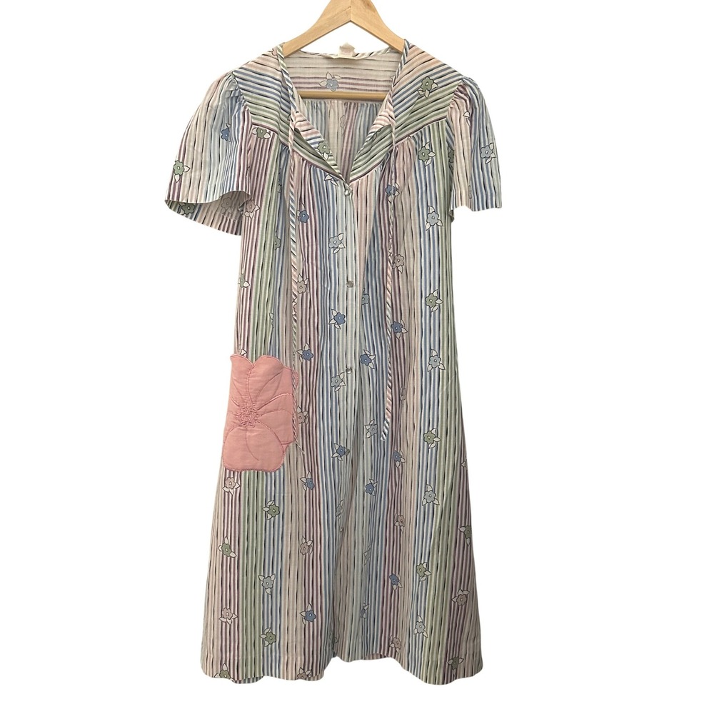 Komar House Dress Womens Medium Pastel Striped Floral Vintage Excellent Lounger